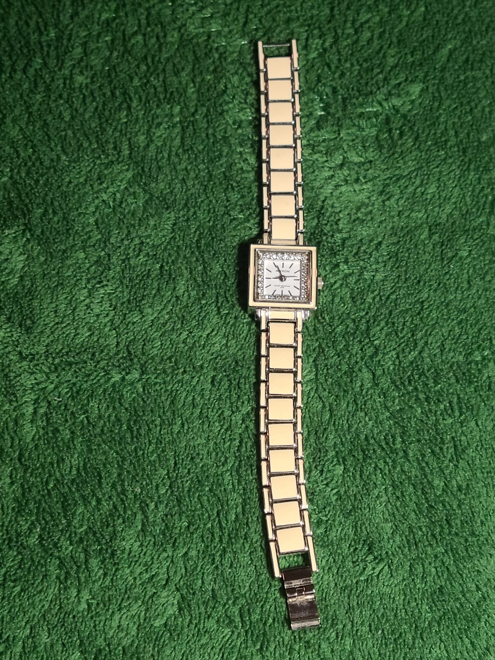 Miykon J4184 Women's Square Watch - Crystal Bezel Cream Enamel Link Band - Works